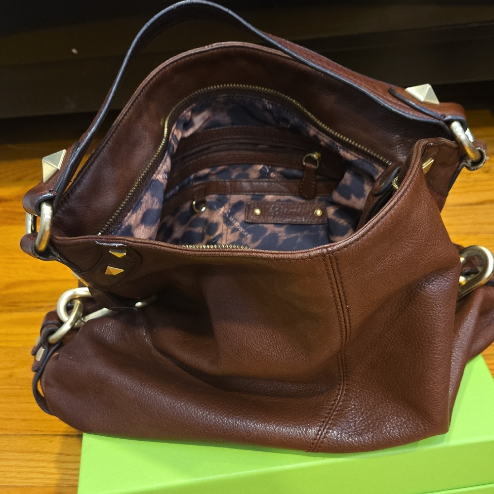 B. Makowsky Brown Leather Shoulder Bag with Gold Accents